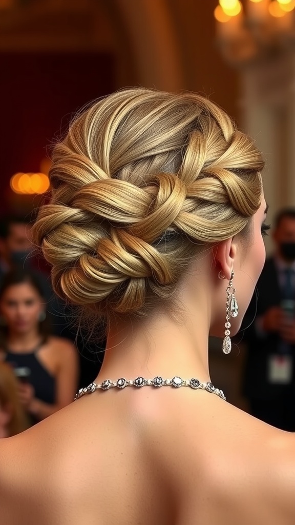 A stylish intricate braided updo hairstyle featuring golden hair and elegant accessories.