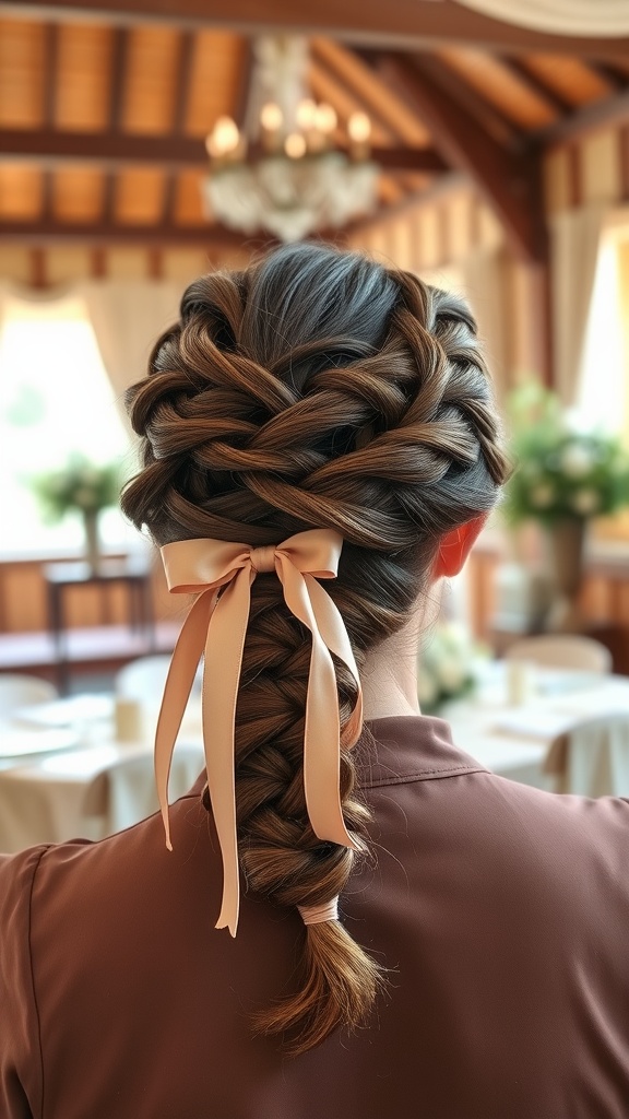 A woman with an intricate braided updo adorned with a ribbon, showcasing a stylish hairstyle suitable for formal occasions.