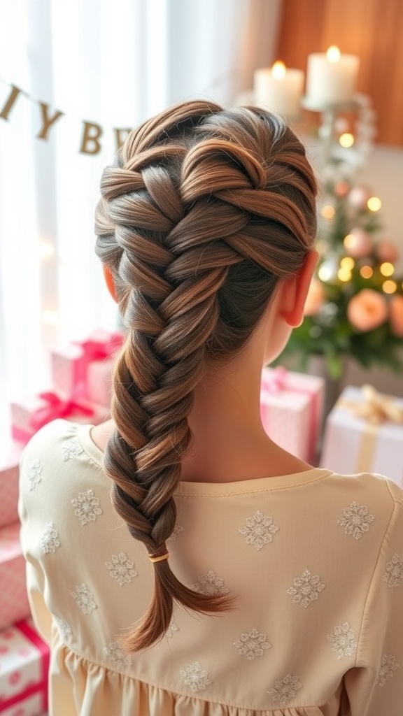 A close-up view of a fishtail braid hairstyle, showcasing intricate weaving, set against a backdrop of birthday decorations and gifts.