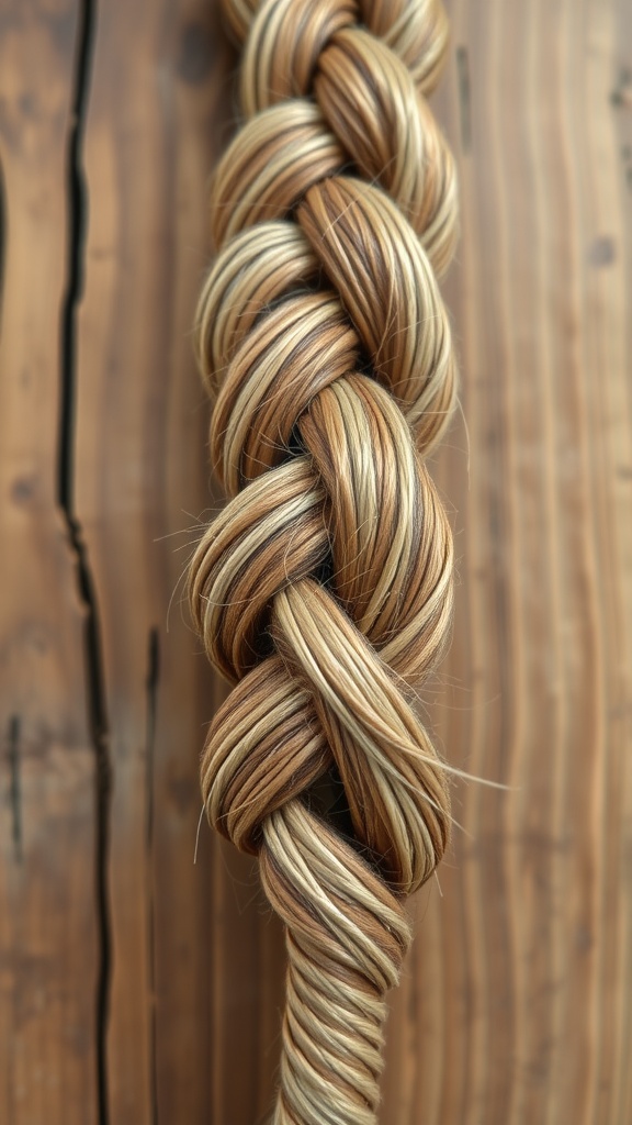 A close-up of a four-strand braid showcasing different shades of hair against a wooden background.