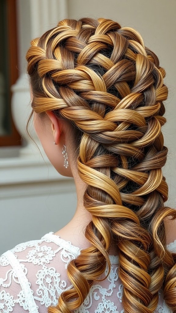 A detailed view of an intricate lace braid crown hairstyle on a woman with golden and brown hair, featuring curls at the ends.