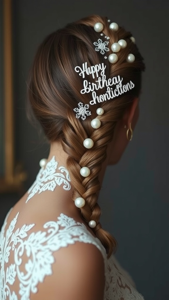 A woman with a lace braid hairstyle decorated with pearls and a 'Happy Birthday' sign.