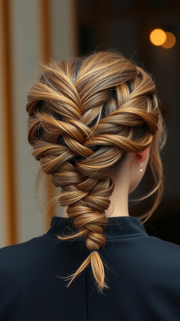 A detailed view of a messy braided updo hairstyle.