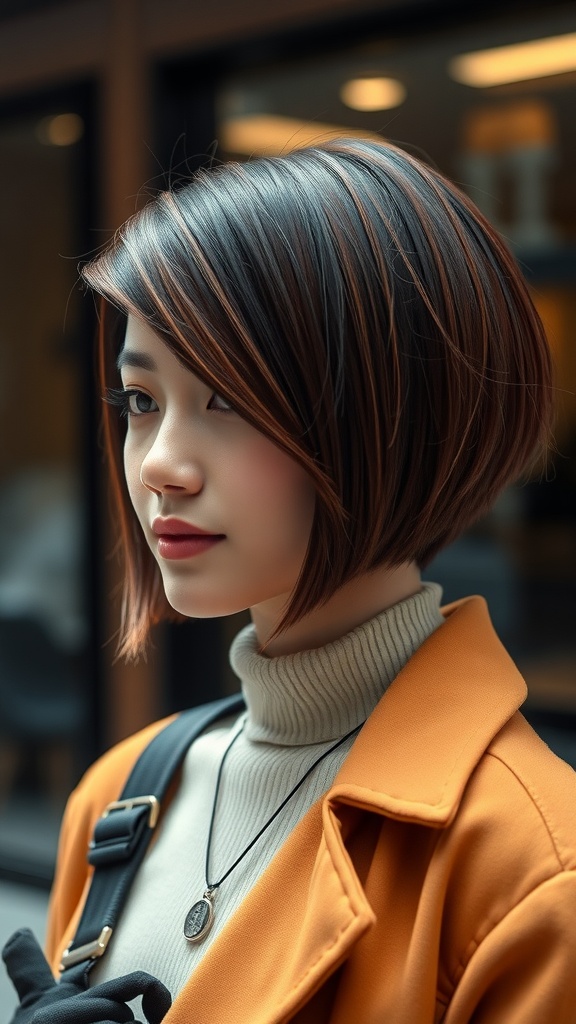 A young woman with an inverted bob hairstyle, featuring smooth layers and highlights, wearing a turtleneck and jacket.