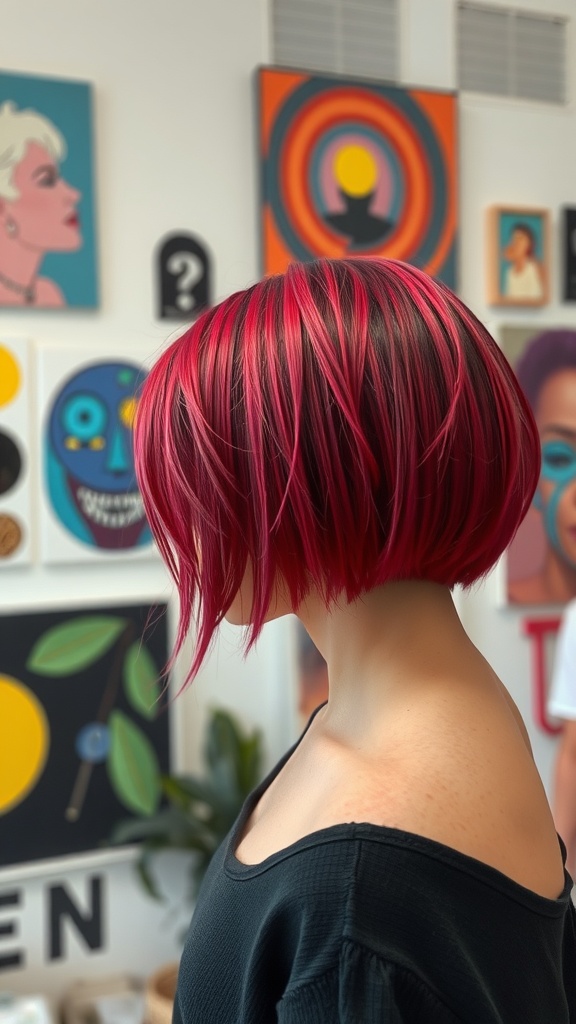 A woman with an inverted bob hairstyle featuring vibrant pink highlights, standing in front of colorful artwork.