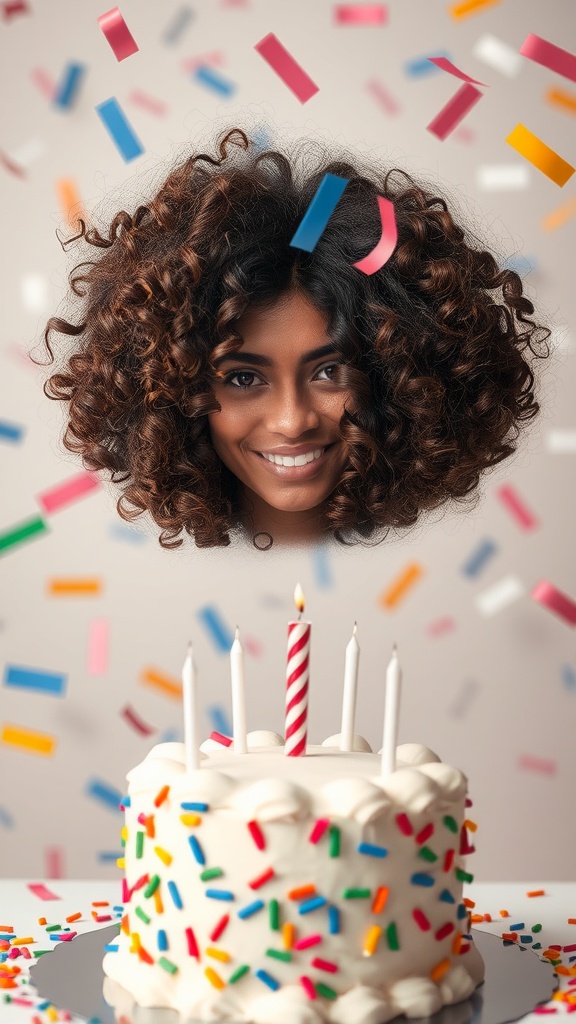 A woman with a curly bob hairstyle smiling with a birthday cake and colorful confetti around her.