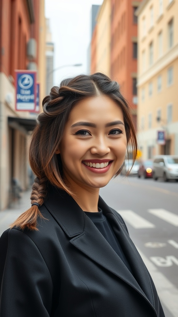 A woman with knotless bob braids smiling in an urban setting