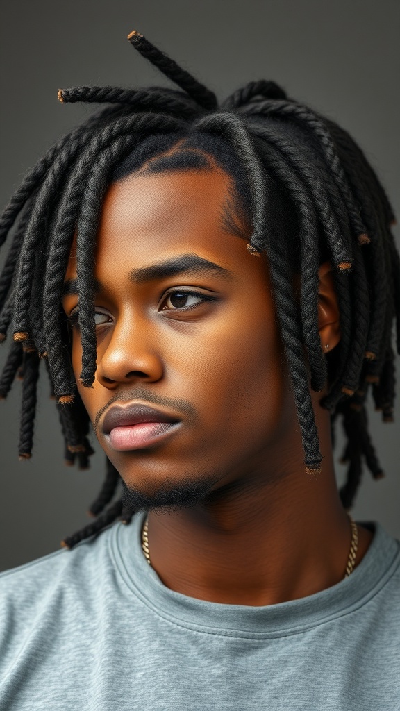 A young man with knotless braids looking thoughtful against a neutral background.