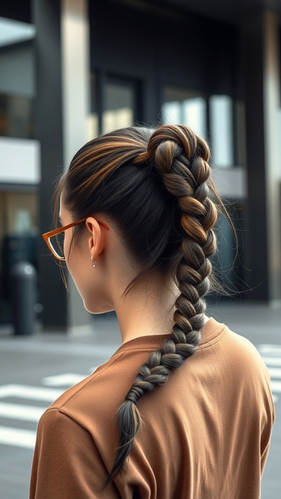 A close-up of a knotless braid styled into a ponytail, showing a smooth and elegant look.