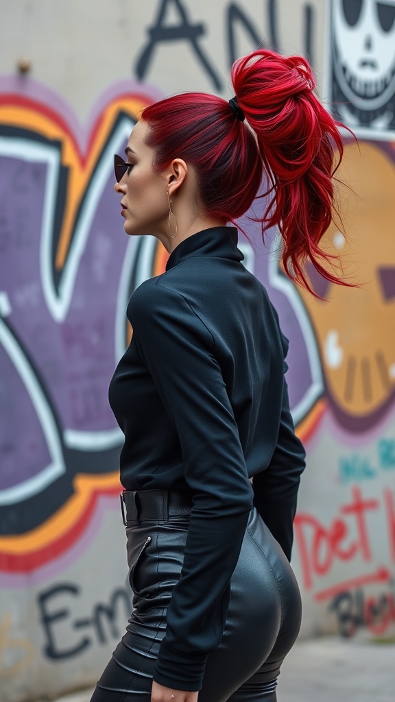 A woman with a vibrant red knotless ponytail styled with enhanced volume, wearing a black outfit and sunglasses, standing against a colorful graffiti background.