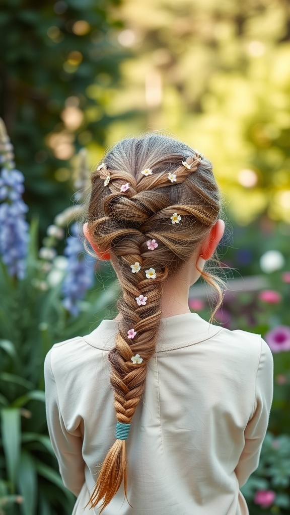 A girl with a lace braid ponytail decorated with colorful flower clips.