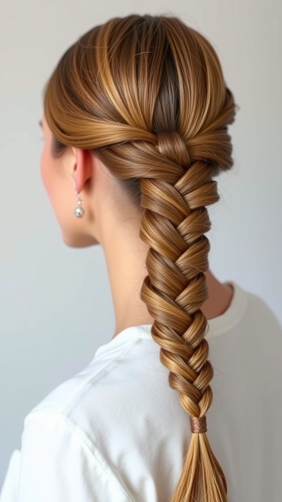 A close-up of a lace braid ponytail hairstyle, showcasing intricate braiding.