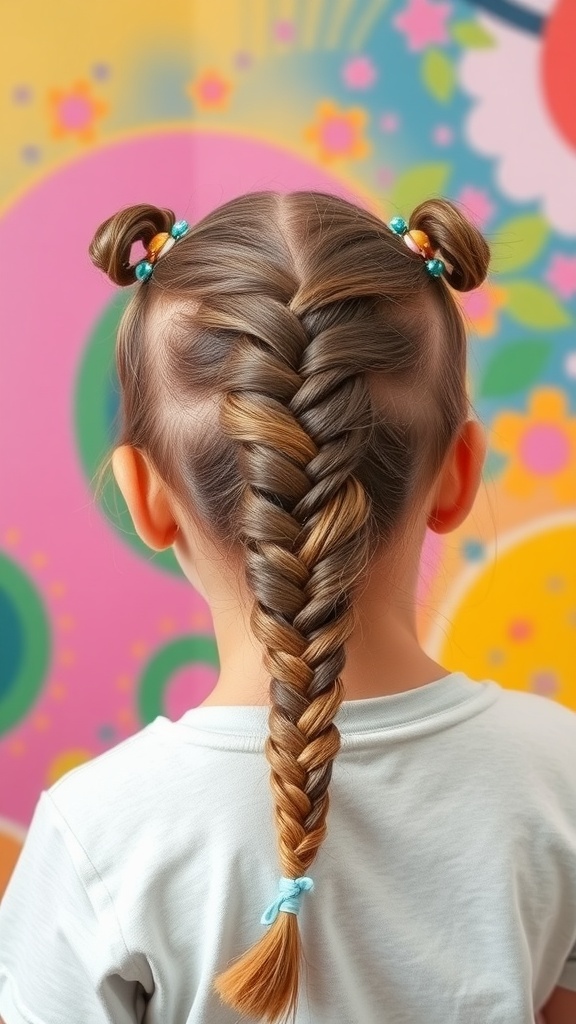 A young girl with a ladder braid hairstyle featuring colorful beads.