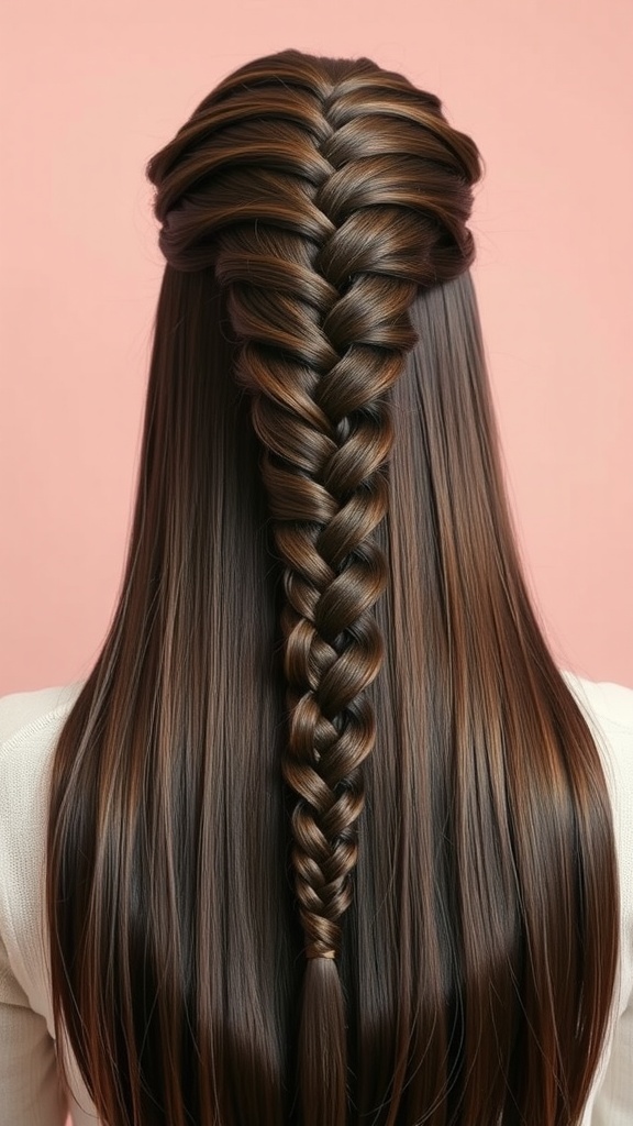 A ladder braid on long, shiny hair styled against a pink background.