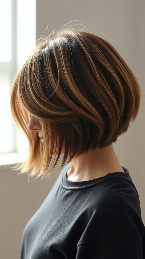 A woman with a layered bob hairstyle showcasing volume and movement.
