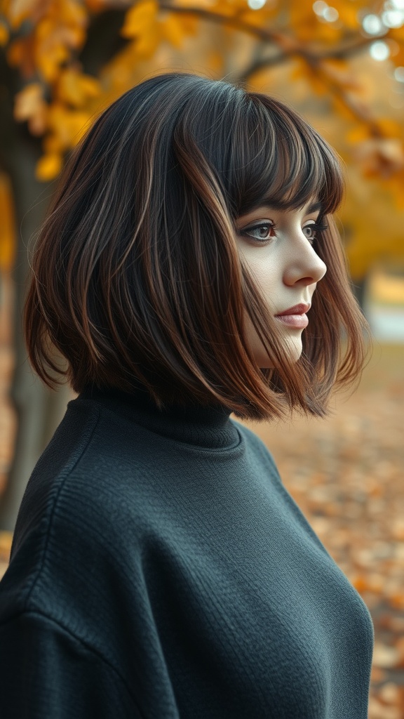 A woman with a layered bob hairstyle and bangs, wearing a turtleneck, in an autumn setting.