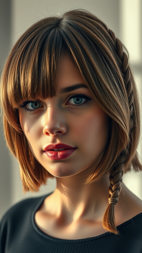 A close-up of a woman with a layered bob hairstyle featuring a side-swept braid.