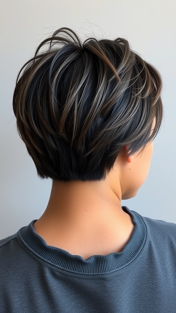 A person with a layered crop hairstyle showcasing volume and texture in short hair.