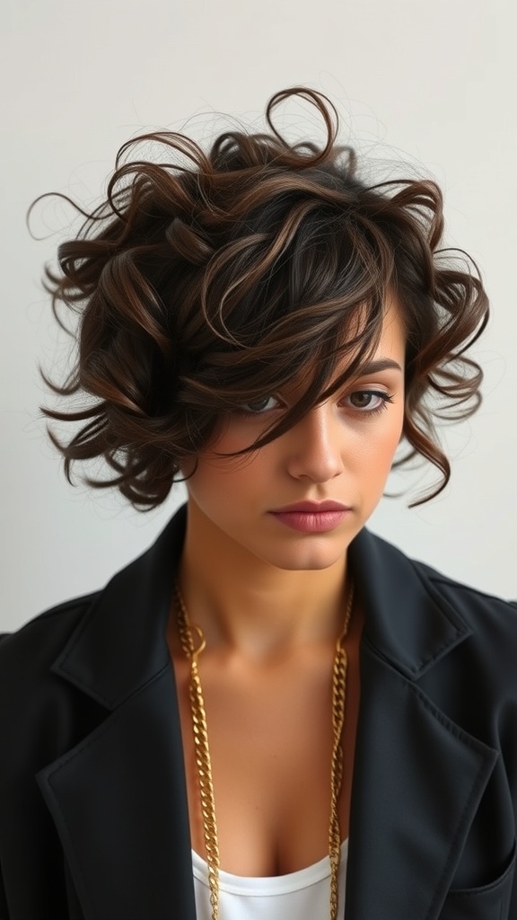 A woman with layered curls styled in a short haircut, wearing a black blazer and gold chain.