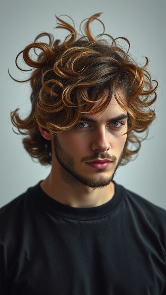 Young man with layered curly hair, showcasing volume and texture.