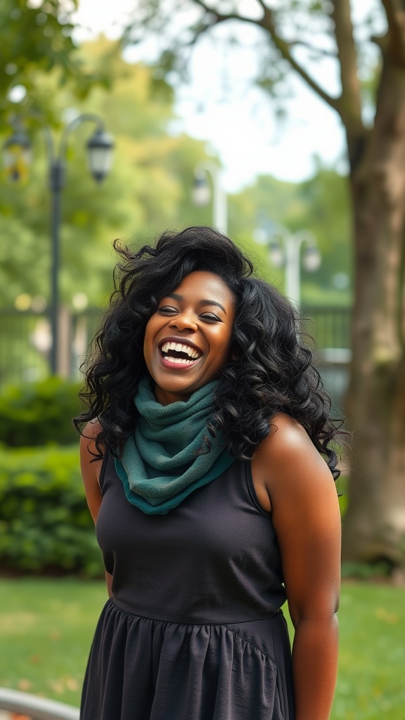 A woman with layered curls, smiling in a green park, showcasing a natural hairstyle.
