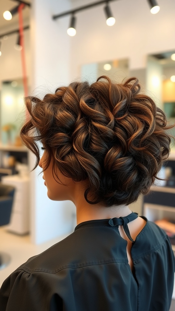 A woman with layered curly hair in a salon setting.