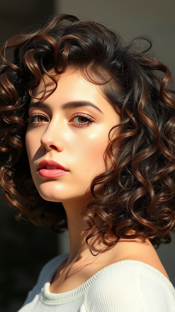 A woman with layered curly hair, showcasing defined curls and highlights.
