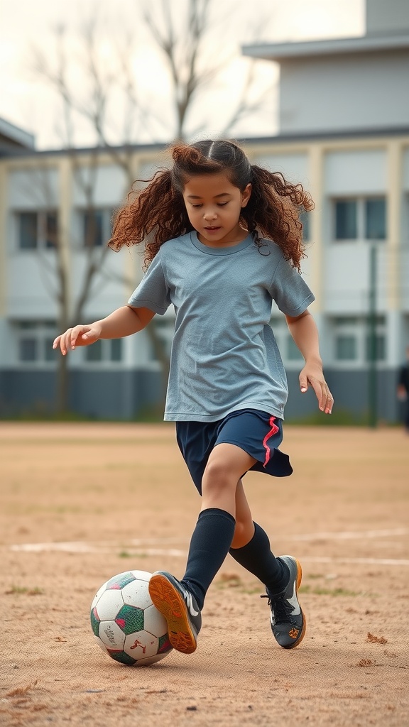 A young girl with layered curly hair playing soccer on a school field
