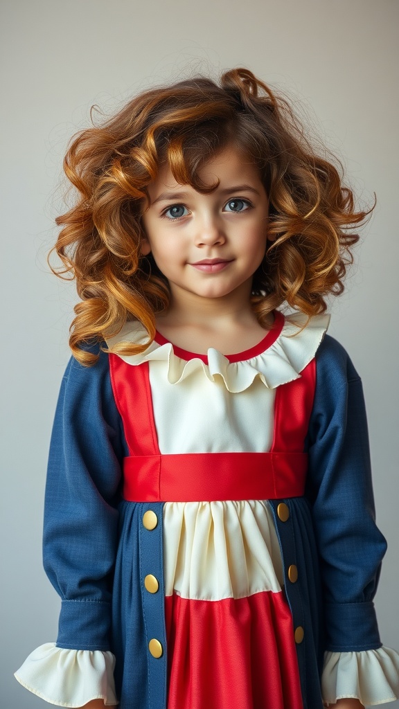 A young girl with layered curly hair, wearing a colorful dress.