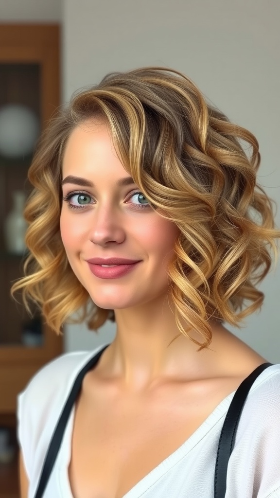 A young woman with a layered curly lob hairstyle, showcasing defined curls and a cheerful expression.