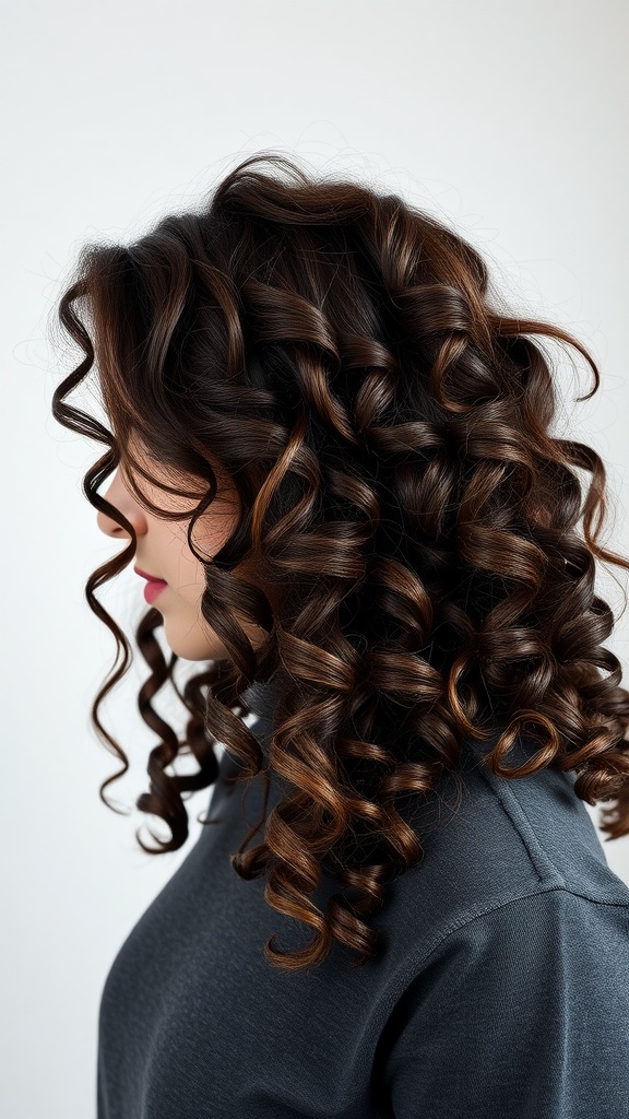 A woman with 3c curly hair styled in a layered cut, showcasing defined curls.