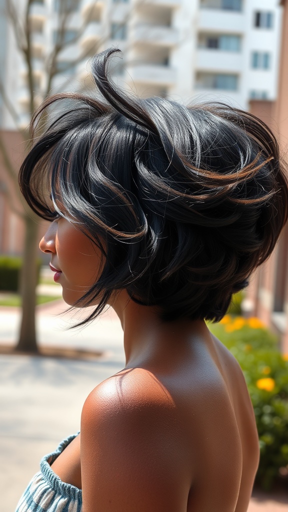 A woman with layered hair that has volume and movement, showcasing a stylish bob cut.