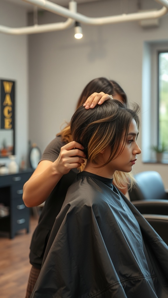 A hairstylist working on a woman's layered haircut in a salon.