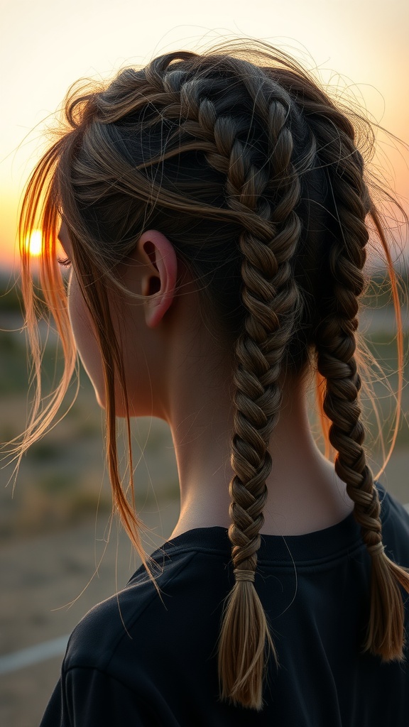 A person with layered hair styled in messy braids, set against a sunset background.