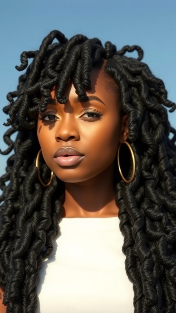 A person with layered locs hairstyle, featuring well-defined twists and volume, wearing large hoop earrings.