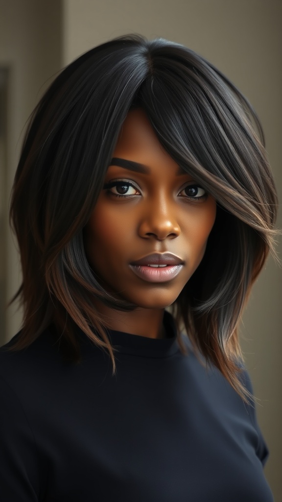 A woman with a layered long bob hairstyle, showcasing volume and a stylish look.