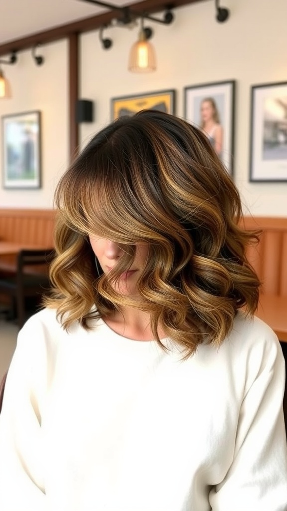 A woman with layered long bob hairstyle featuring soft curls and warm tones.