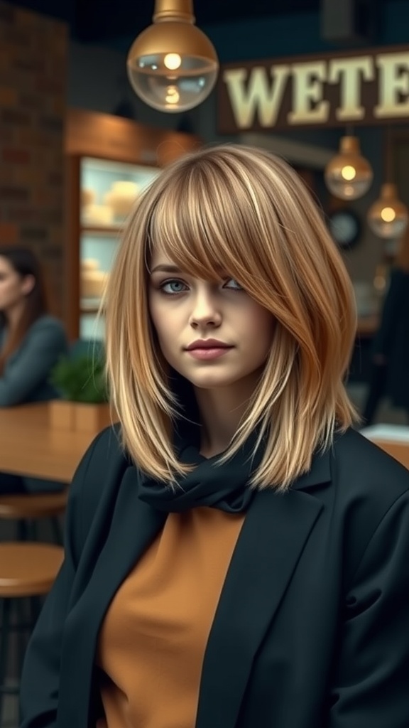 A woman with a layered long bob hairstyle featuring angled bangs, styled elegantly.