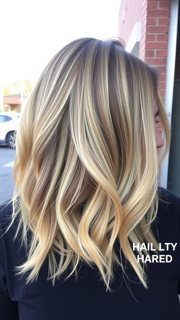 Layered long bob hairstyle with face-framing highlights and soft waves for thick hair.