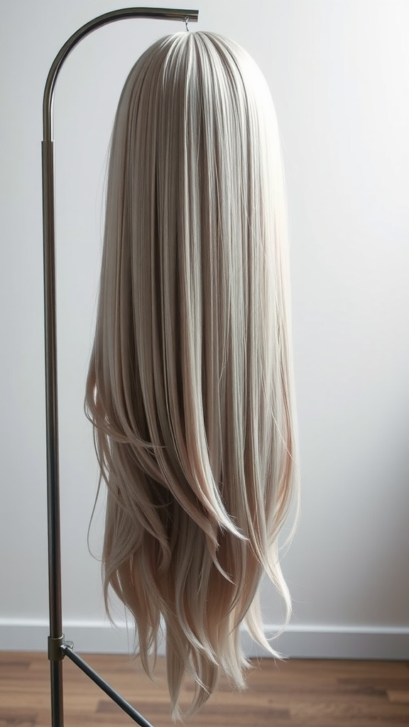 A long layered straight wig displayed on a stand, showcasing its soft strands and light color.
