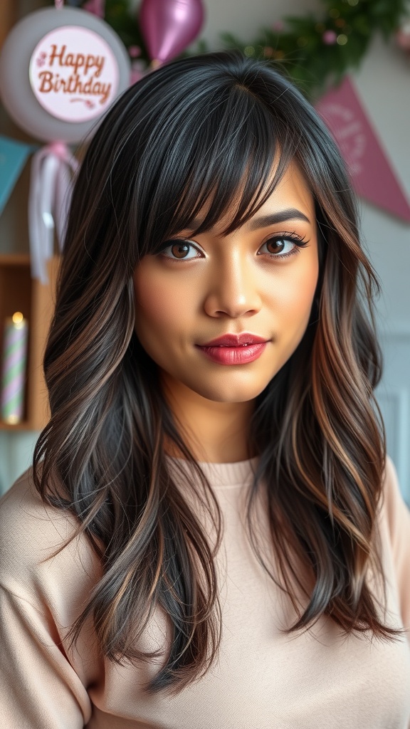 A woman with layered natural hair and bangs, celebrating her birthday with festive decorations in the background.