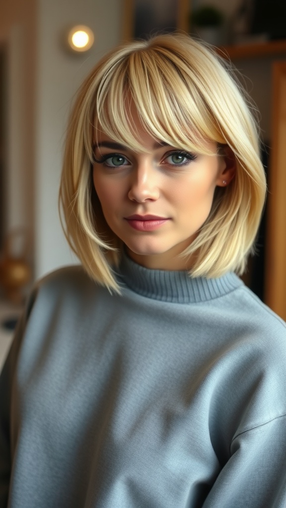 A woman with a layered short blonde bob hairstyle and bangs, wearing a gray sweater