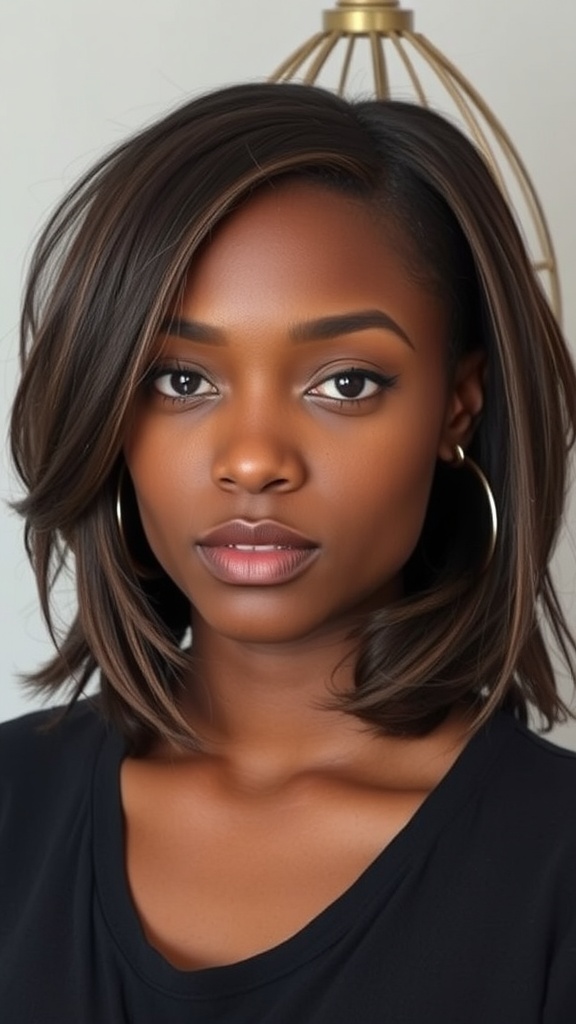Model with layered textured bob hairstyle, showcasing natural beauty and elegance.