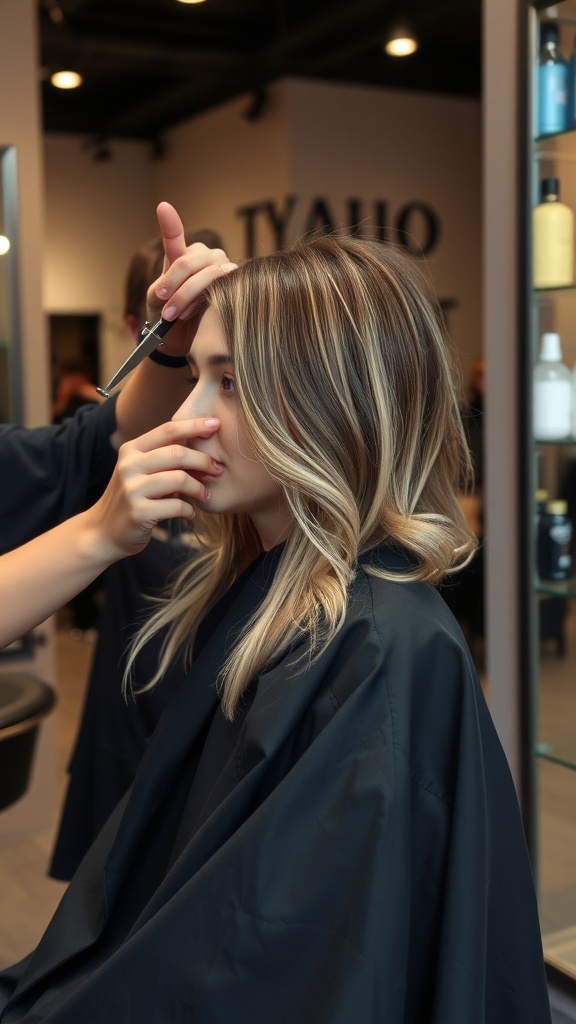 A stylist cutting layers in a woman's hair to achieve a soft mullet hairstyle.