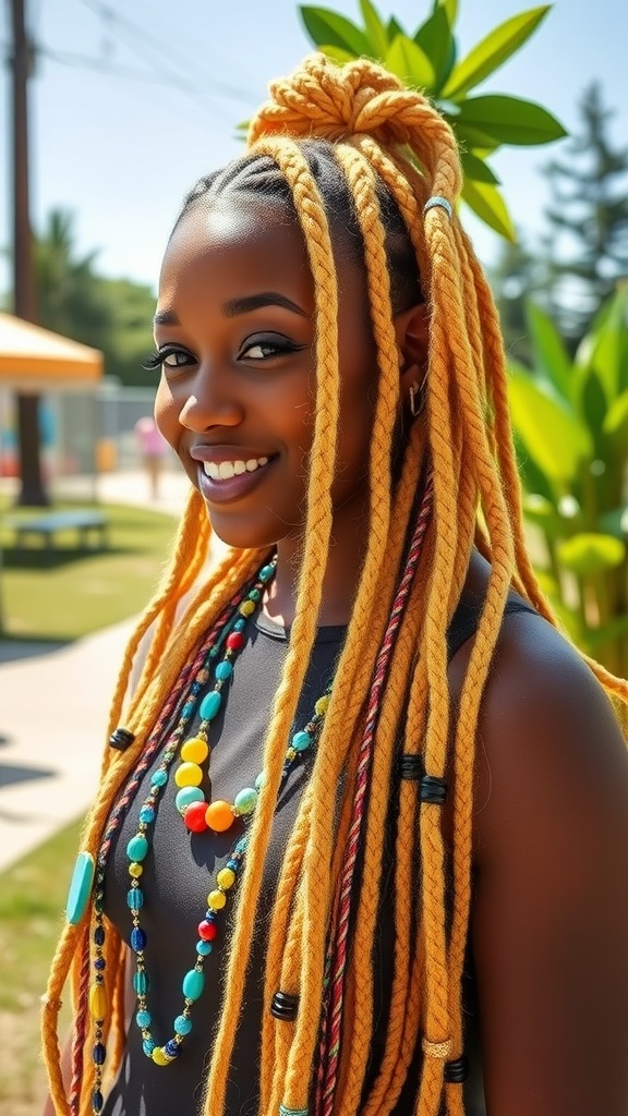A woman with vibrant yellow lemonade braids smiling, wearing colorful necklaces, in a sunny outdoor setting.