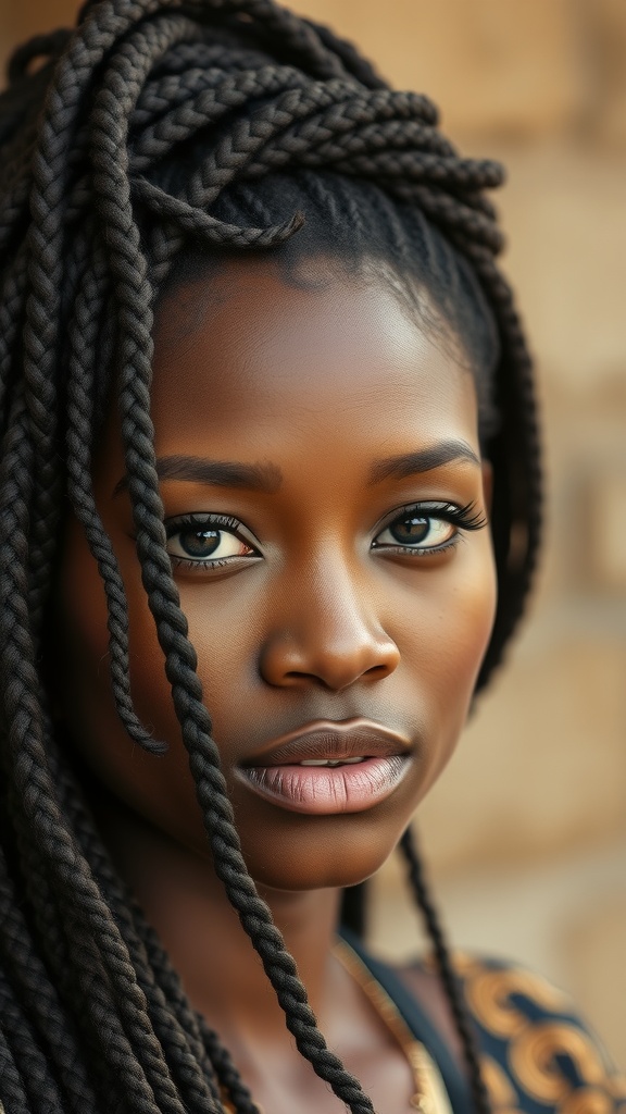 A person with stylish locs braided into a crown hairstyle, showcasing elegance and beauty.