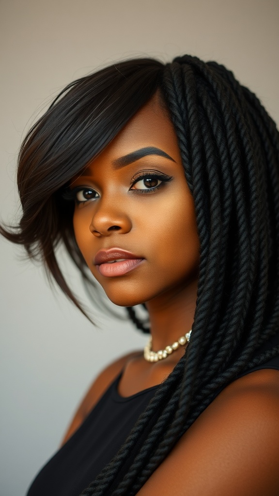 A woman with locs styled in side-swept bangs, showcasing a chic and elegant hairstyle.