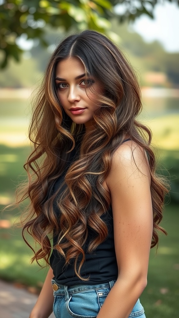 A woman with long, wavy mullet hairstyle standing outdoors.