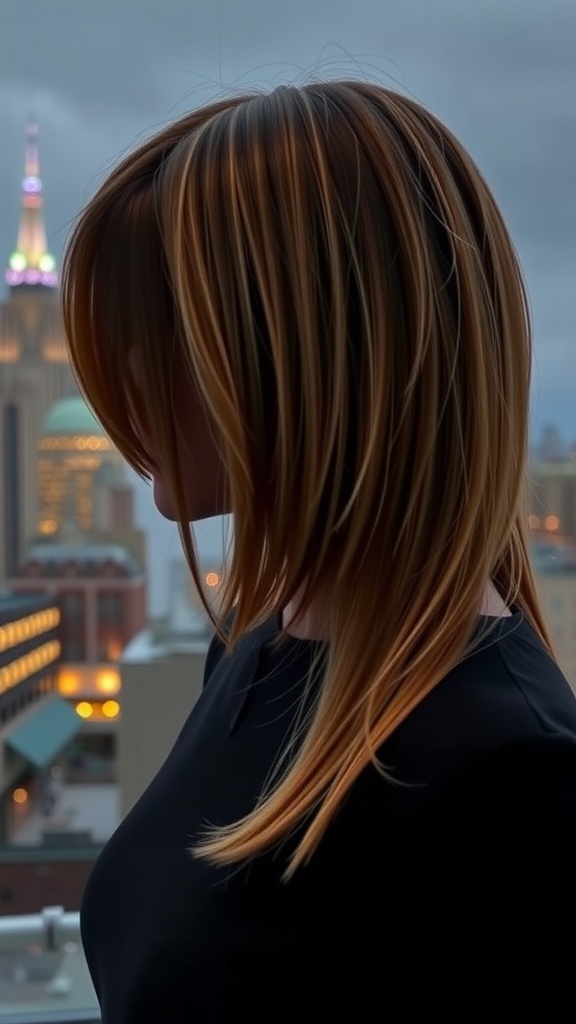 A woman with long bob hairstyle, standing against a city skyline