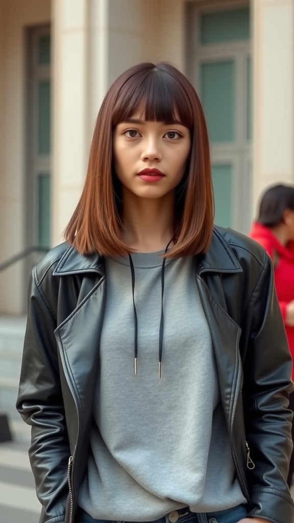 A woman with a long bob hairstyle and bangs, wearing a leather jacket and a gray sweatshirt.